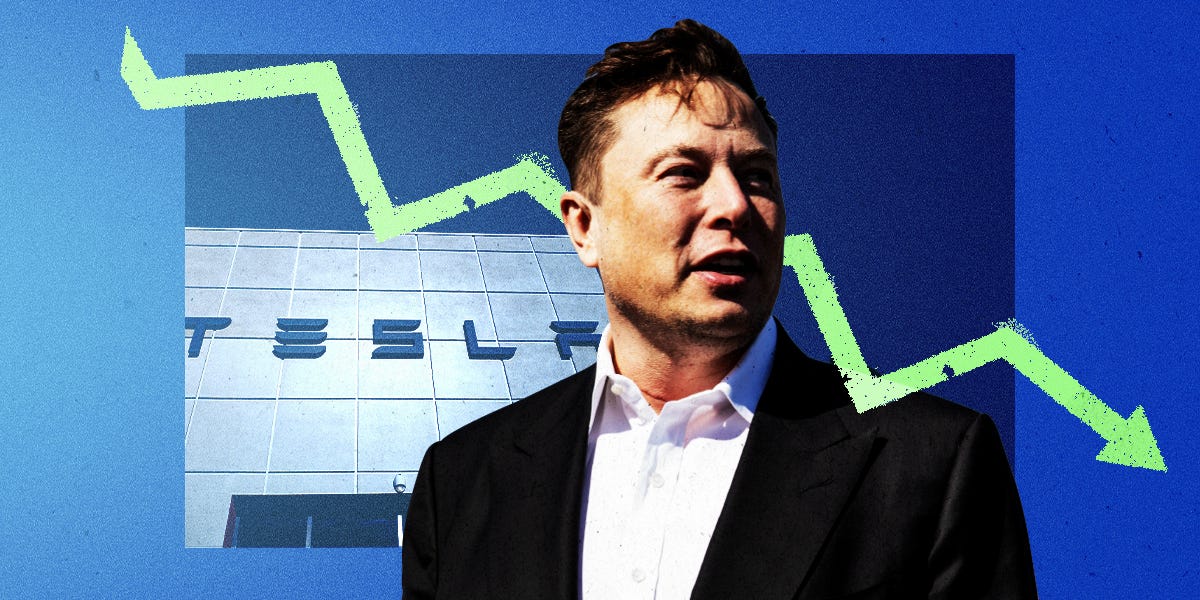 Collage featuring Elon Musk, Tesla Motors dealership facade with logo, and a downward trending arrow