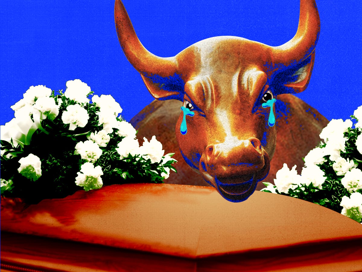 The Wall Street Bull crying over a funeral casket surrounded by white carnations