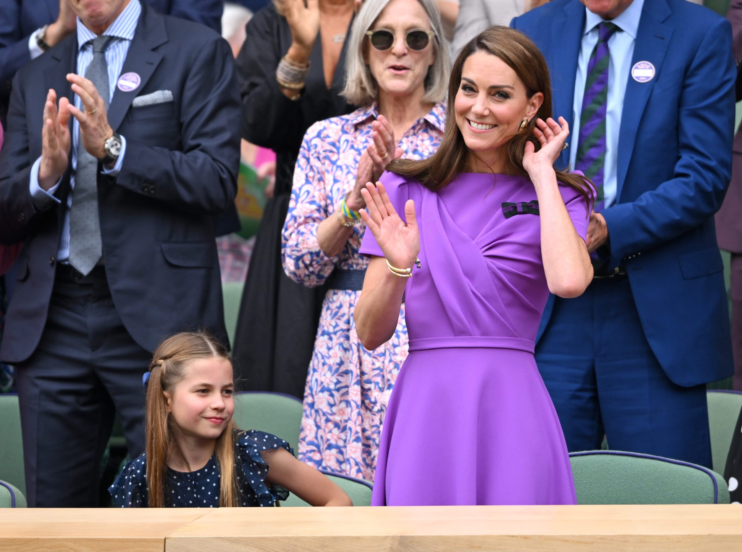 Princess Charlotte of Wales and Catherine, Princess of Wales court-side of Centre Court during the men's final on day fourteen of the Wimbledon Tennis Championships at the All England Lawn Tennis and Croquet Club on July 14, 2024 in London, England.