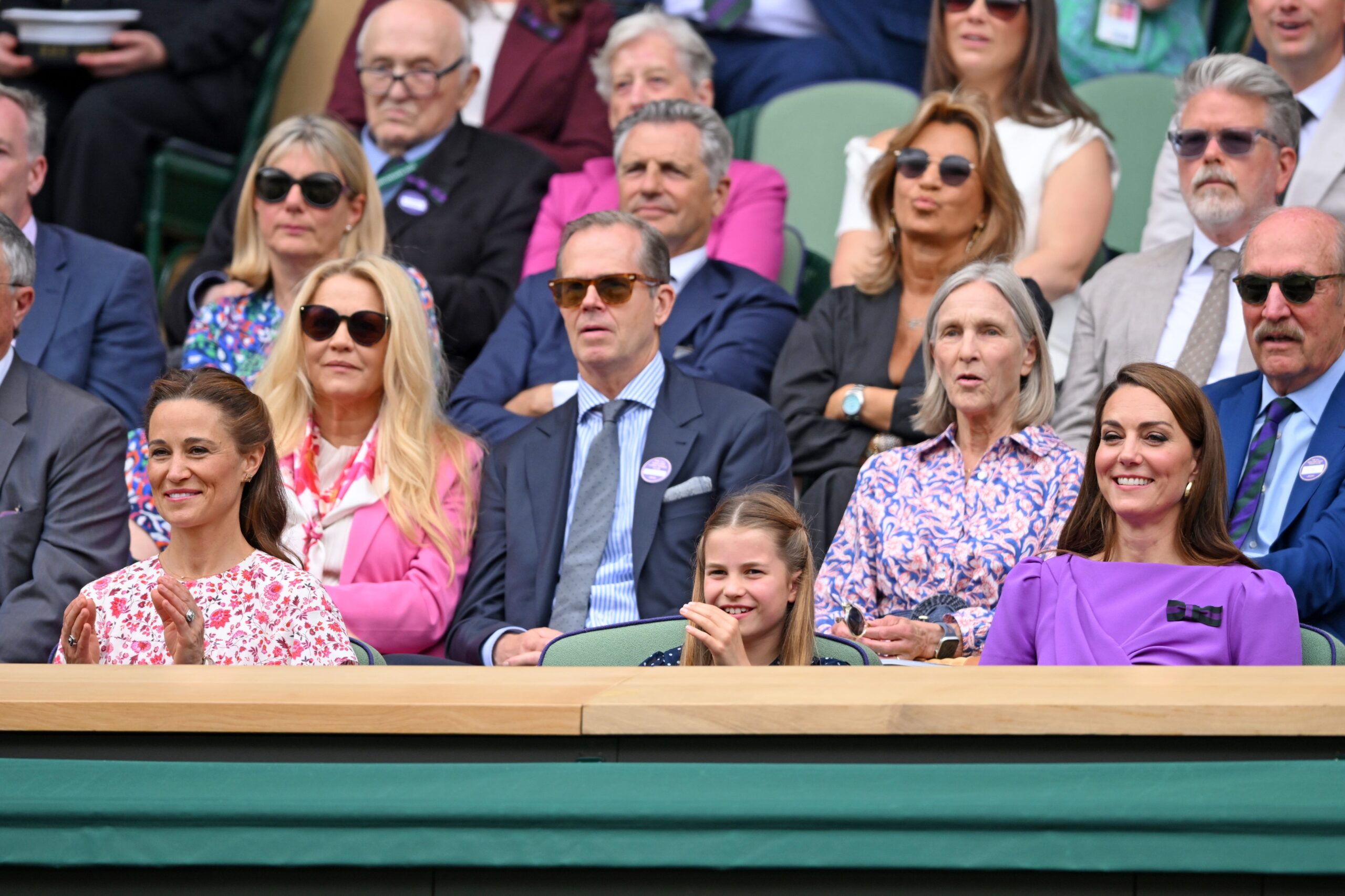 ippa Middleton, Stefan Edberg, Princess Charlotte of Wales, Marjory Gengler, Catherine Princess of Wales, Christopher McQuarrie and Stan Smith court-side of Centre Court during the men's final on day fourteen of the Wimbledon Tennis Championships at the All England Lawn Tennis and Croquet Club on July 14, 2024 in London, England.