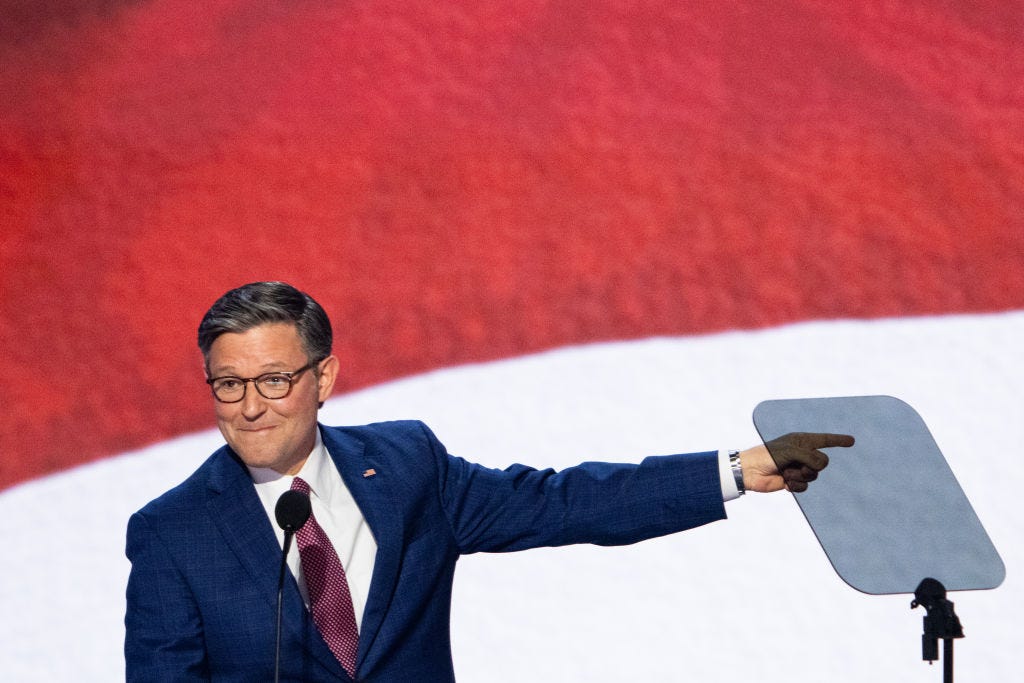 Speaker of the House Mike Johnson points to the teleprompters that stopped working at the RNC.