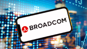 Broadcom Inc company logo displayed on mobile phone screen. AVGO stock