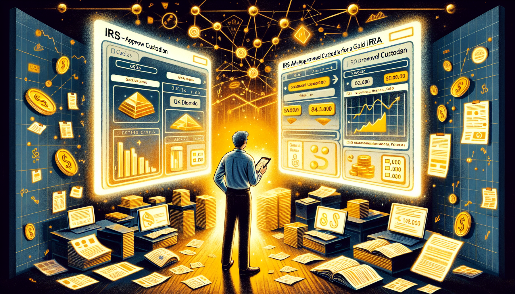 Illustration of a person researching and selecting a custodian for a Gold IRA