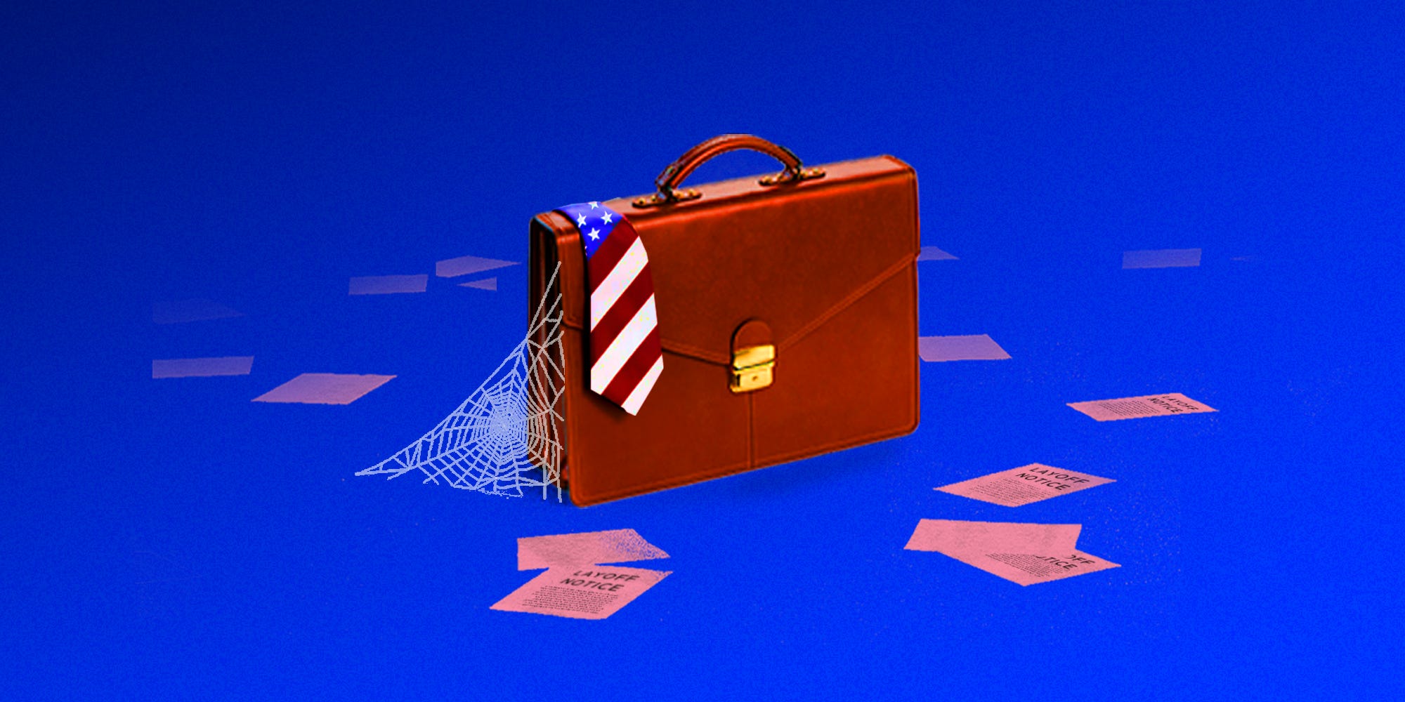 An old, cobweb-covered briefcase with an American flag tie resting on top, surrounded by pink slips marked 'Notice of Termination