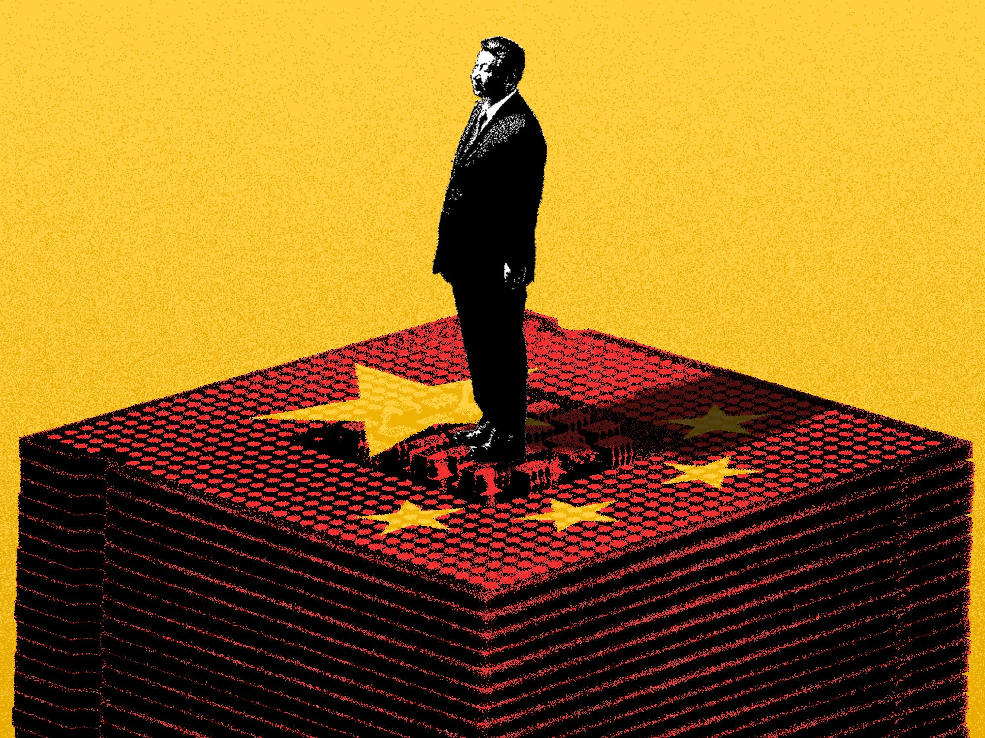 Xi Jinping standing on a pile of microchips with the Cinese stars on top