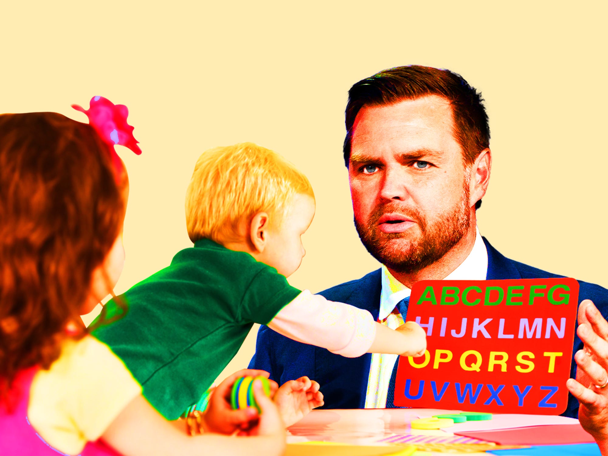 Photo collage of JD Vance amongst preschool children in a classroom setting