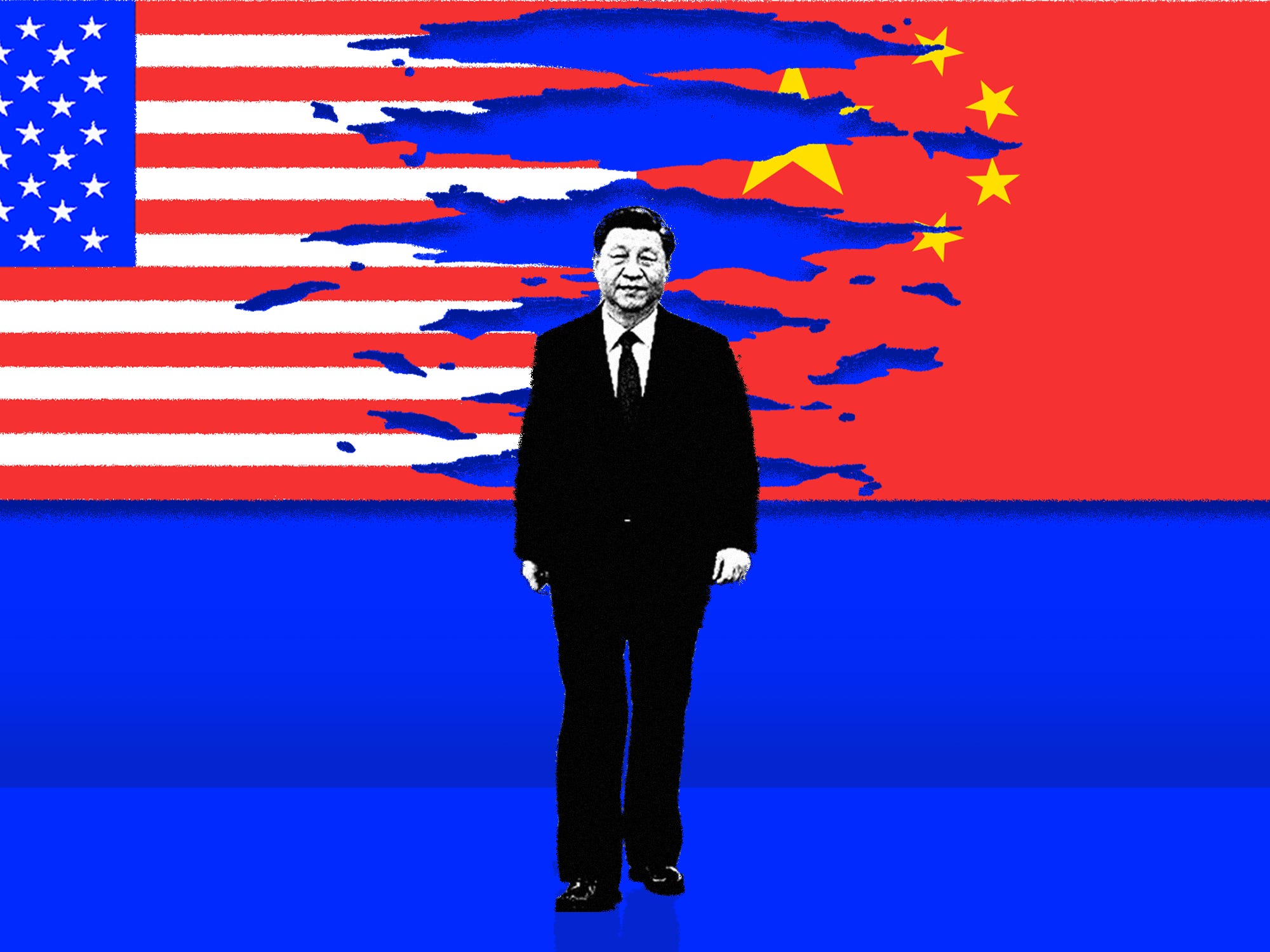 Xi Jinping in front of the American and Chinese flag ripping apart