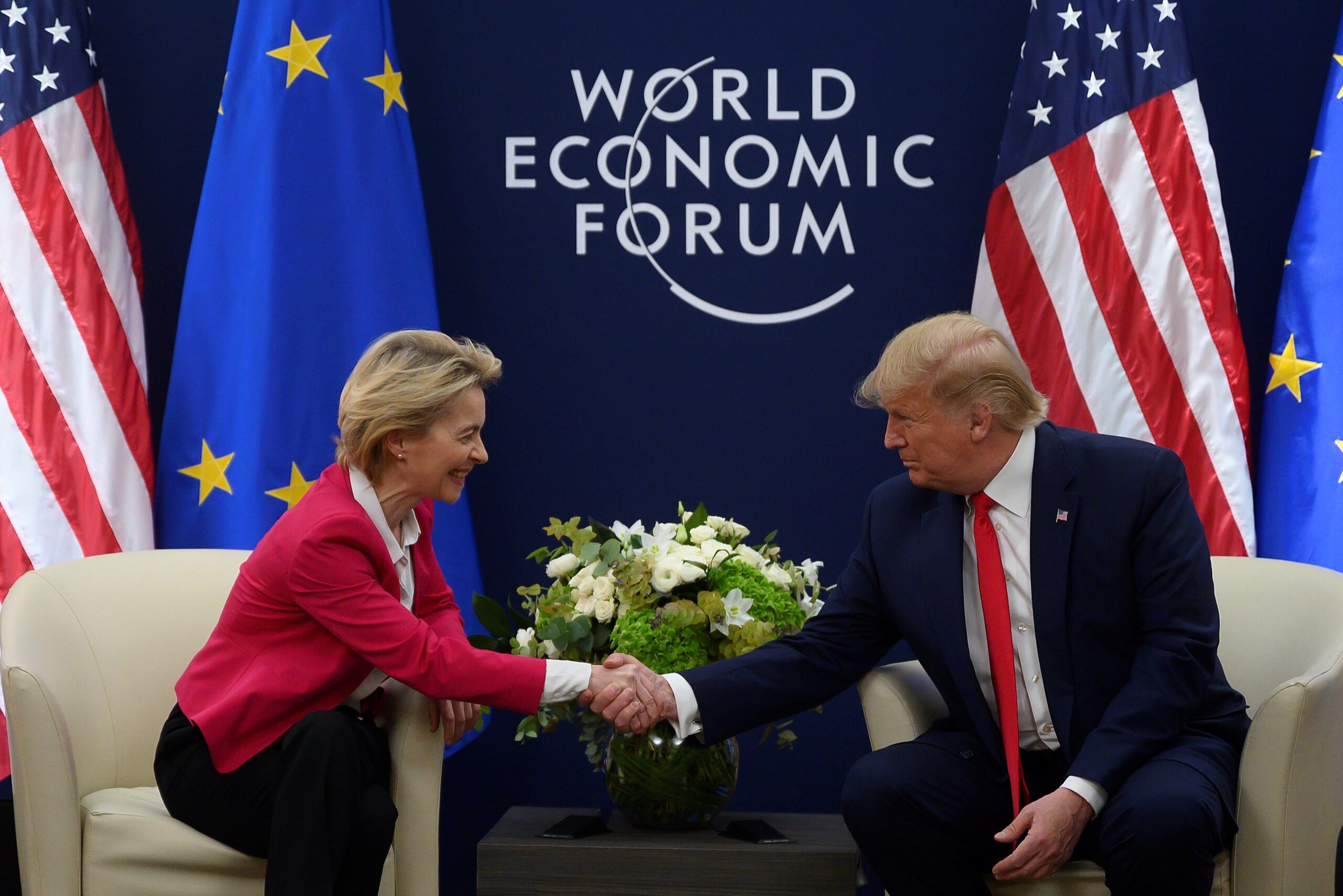 US President Donald Trump shakes hands with European Commission President Ursula von der Leyen prior to their meeting at the World Economic Forum in Davos, on January 21, 2020.